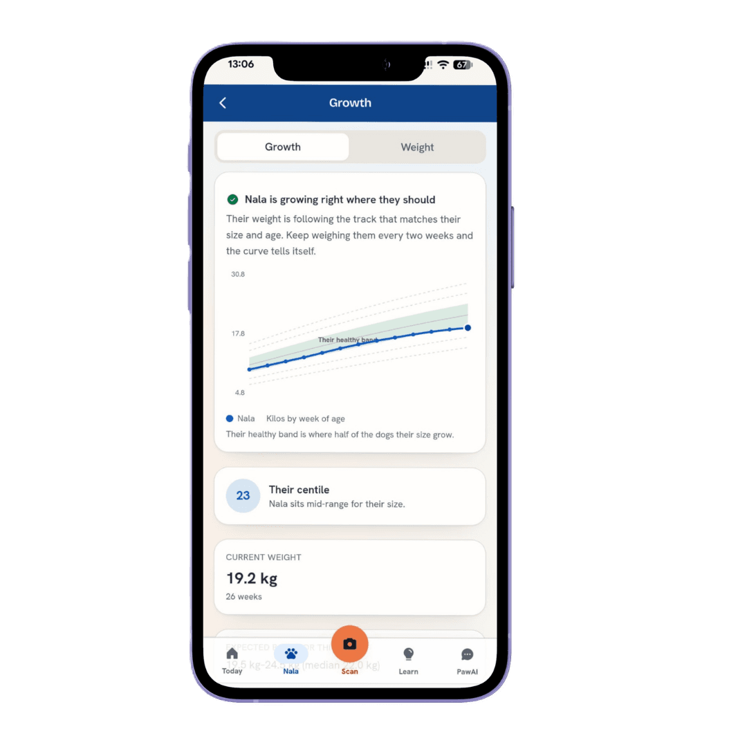 PawAI growth screen showing Nala's weight curve and centile