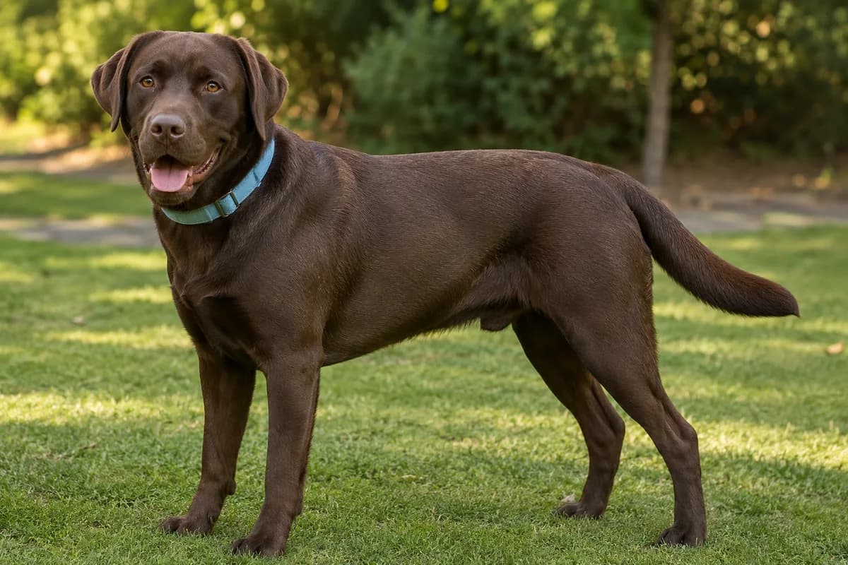 Chocolate Labrador standing in profile for a body condition check