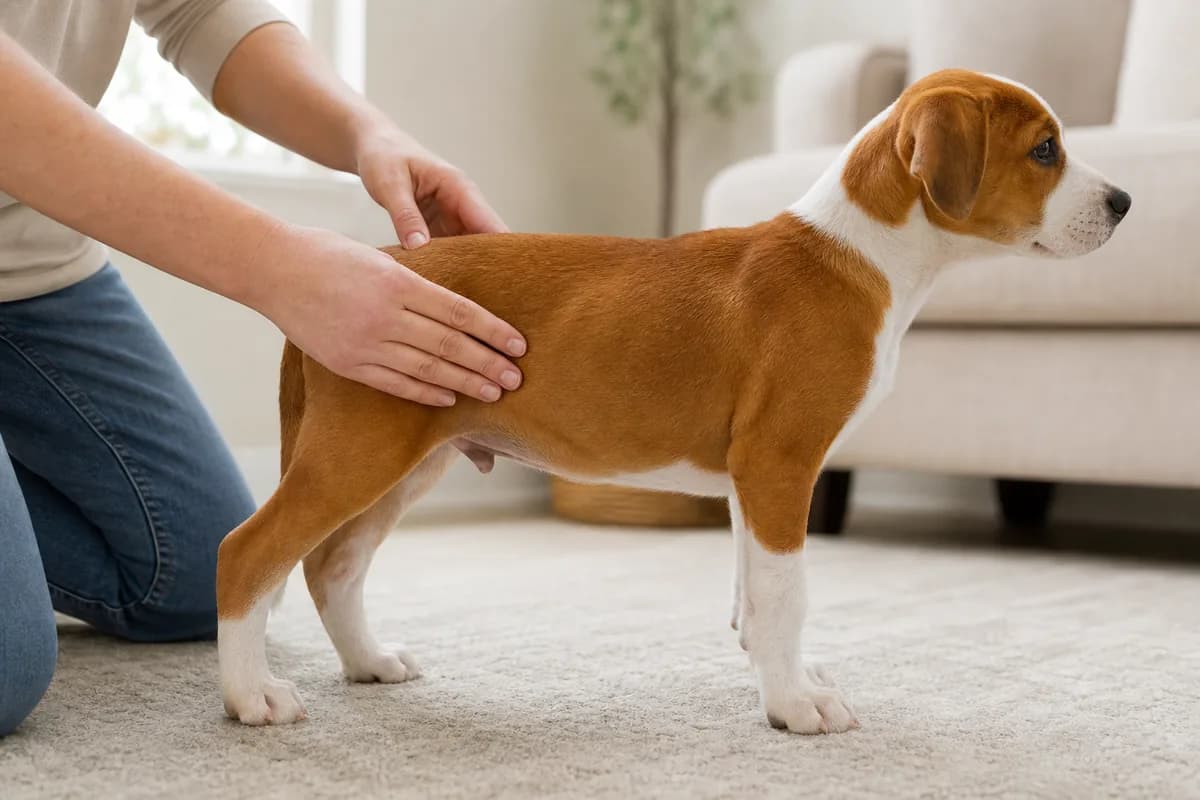 Owner gently feeling a short-haired puppy ribs during a body condition check