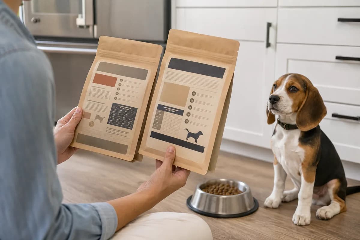 Owner comparing the back labels of two puppy food bags beside a food bowl