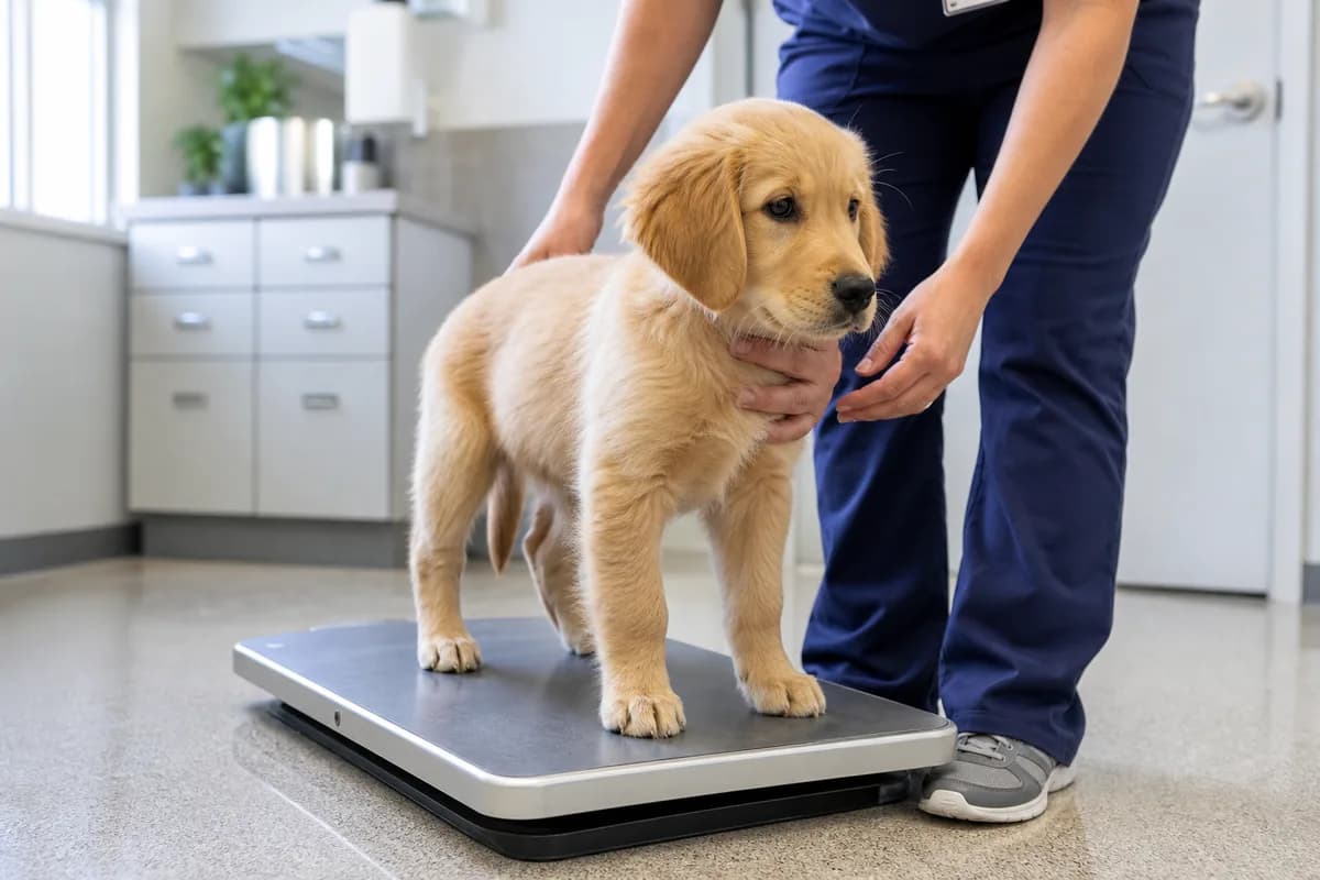 Golden retriever puppy standing on a veterinary scale during a growth check