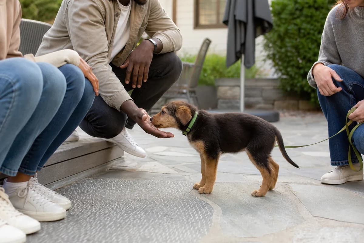 Young puppy calmly approaching several seated adults during socialization