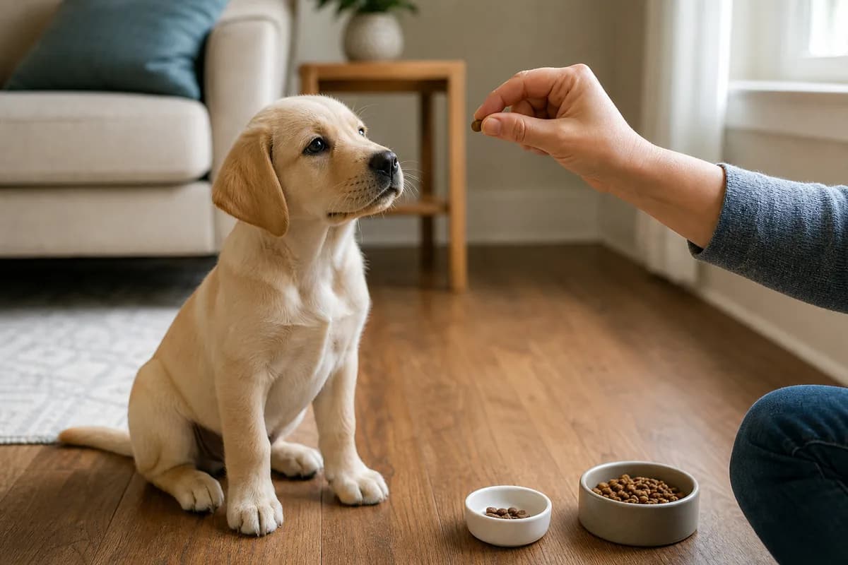 Labrador puppy receiving one tiny training treat beside measured daily portions