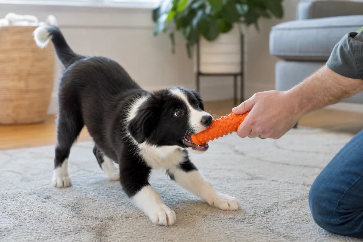 Playful puppy choosing a chew toy held safely away from a person hands