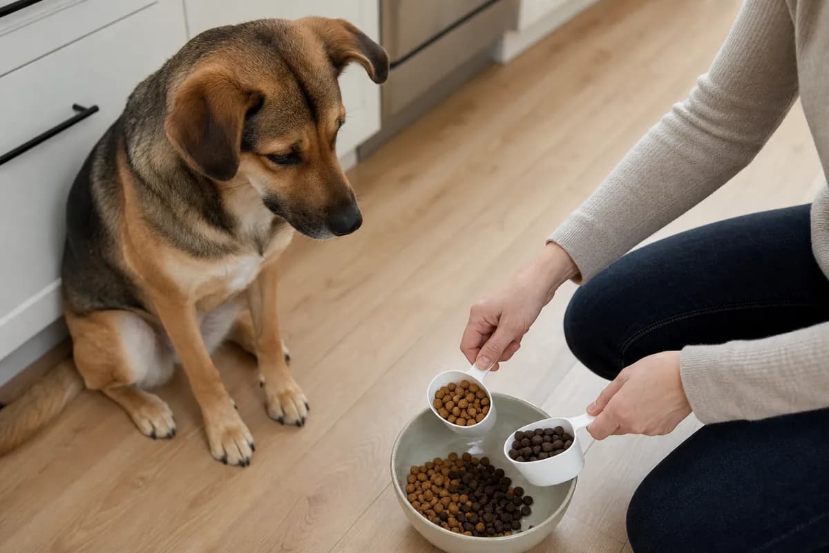 Owner mixing measured puppy and adult kibble for a gradual food transition