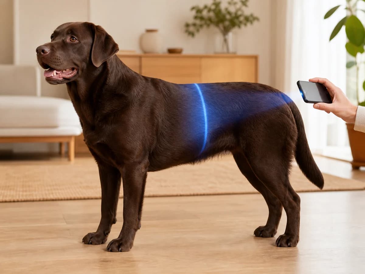 Dog standing side-on for a body condition scan