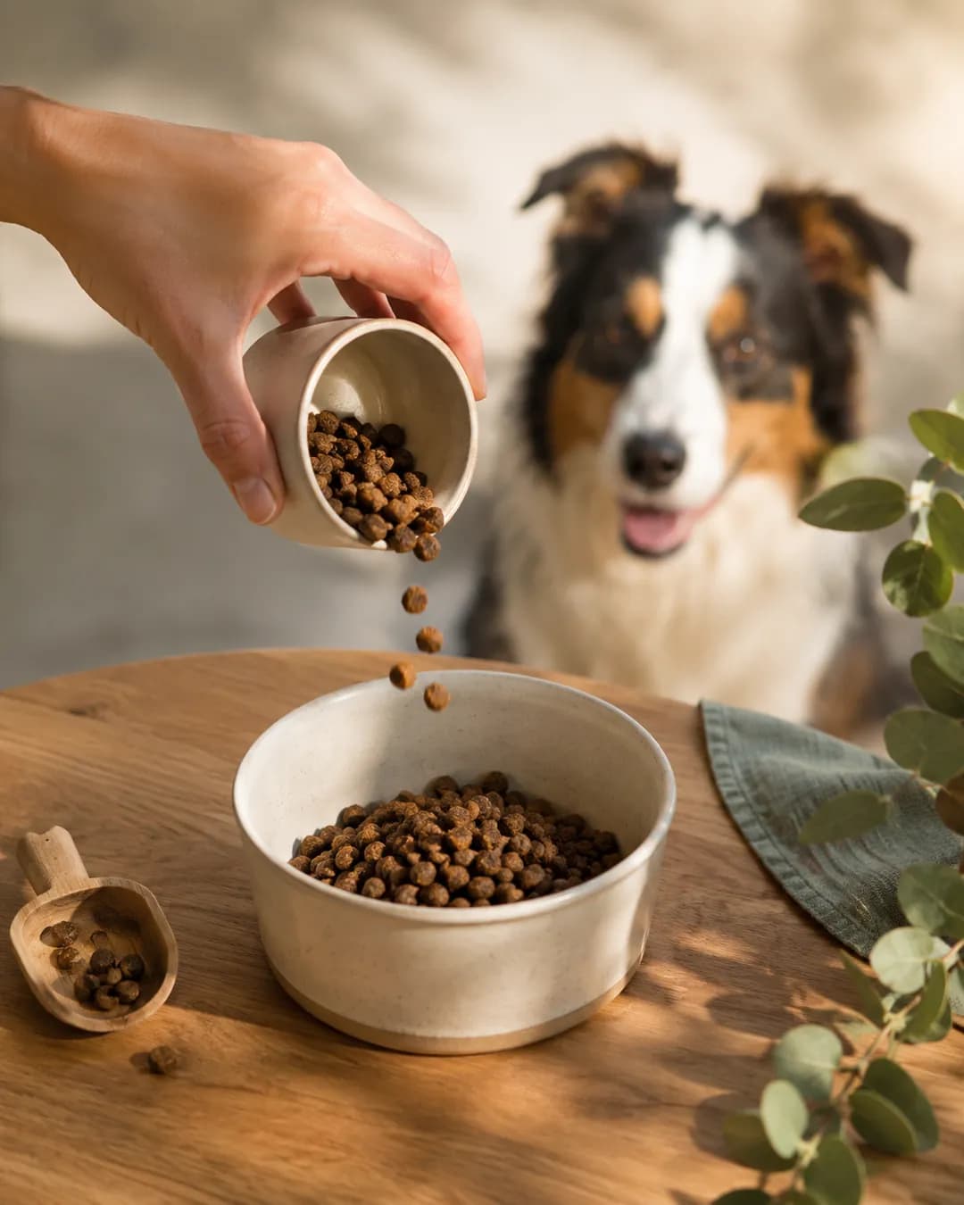 A person pours dry food into a measured bowl while a dog waits