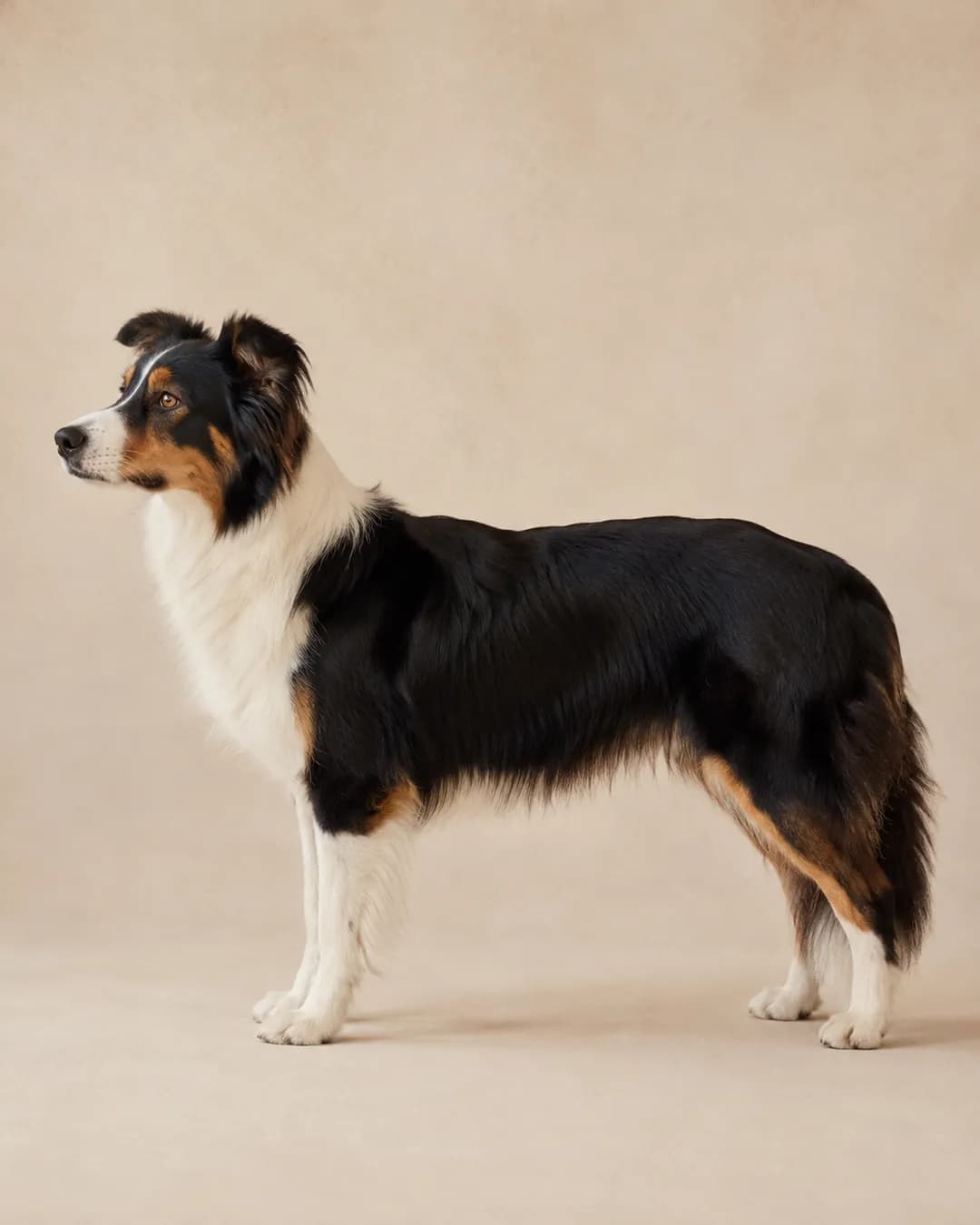 Standing tricolor dog shown in profile for a body condition check