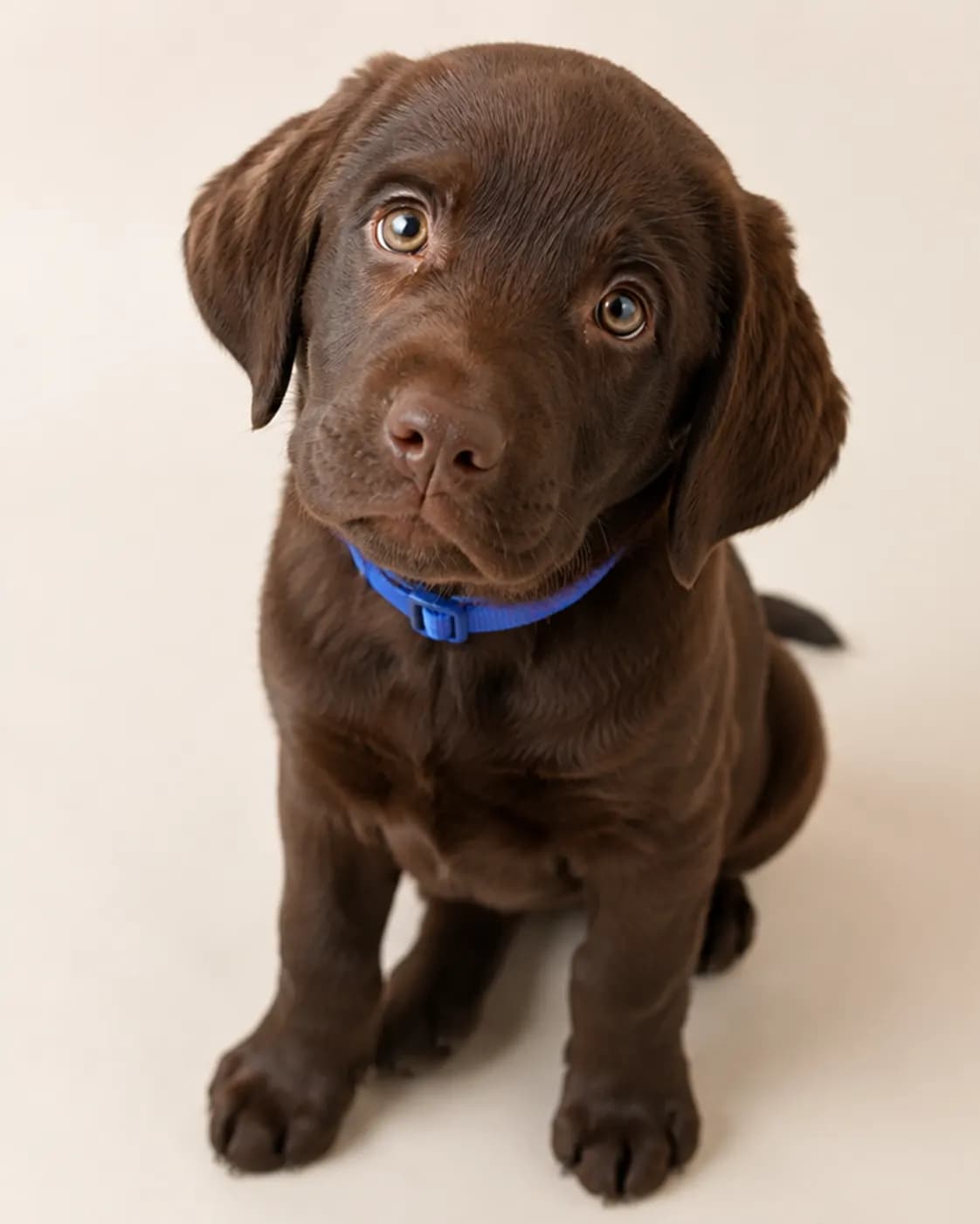 Chocolate Labrador puppy sitting and looking at the camera