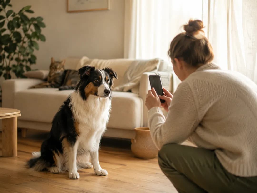 Owner photographing a dog at home while another pet rests nearby