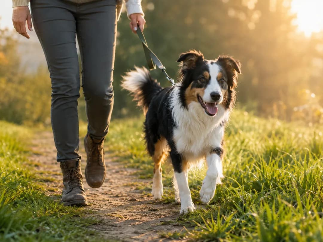 Dog walking with its owner as part of an ongoing weight and health plan