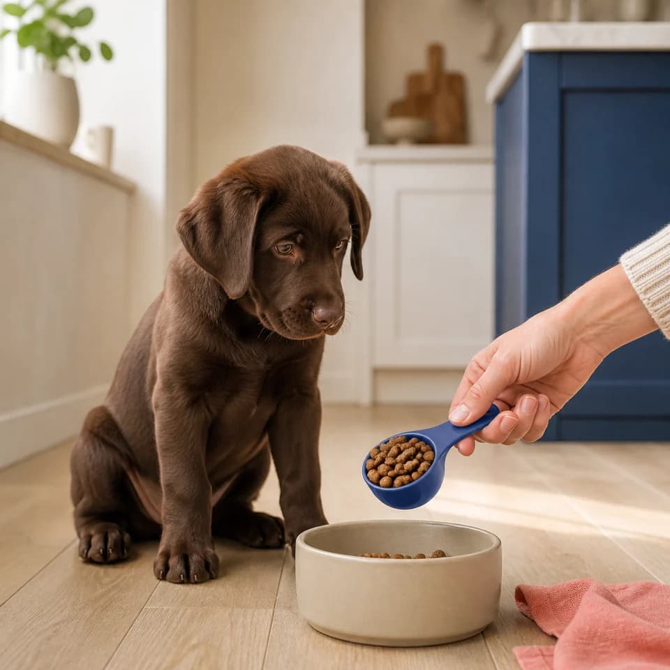 Chocolate Labrador puppy beside a bowl while a person measures their food
