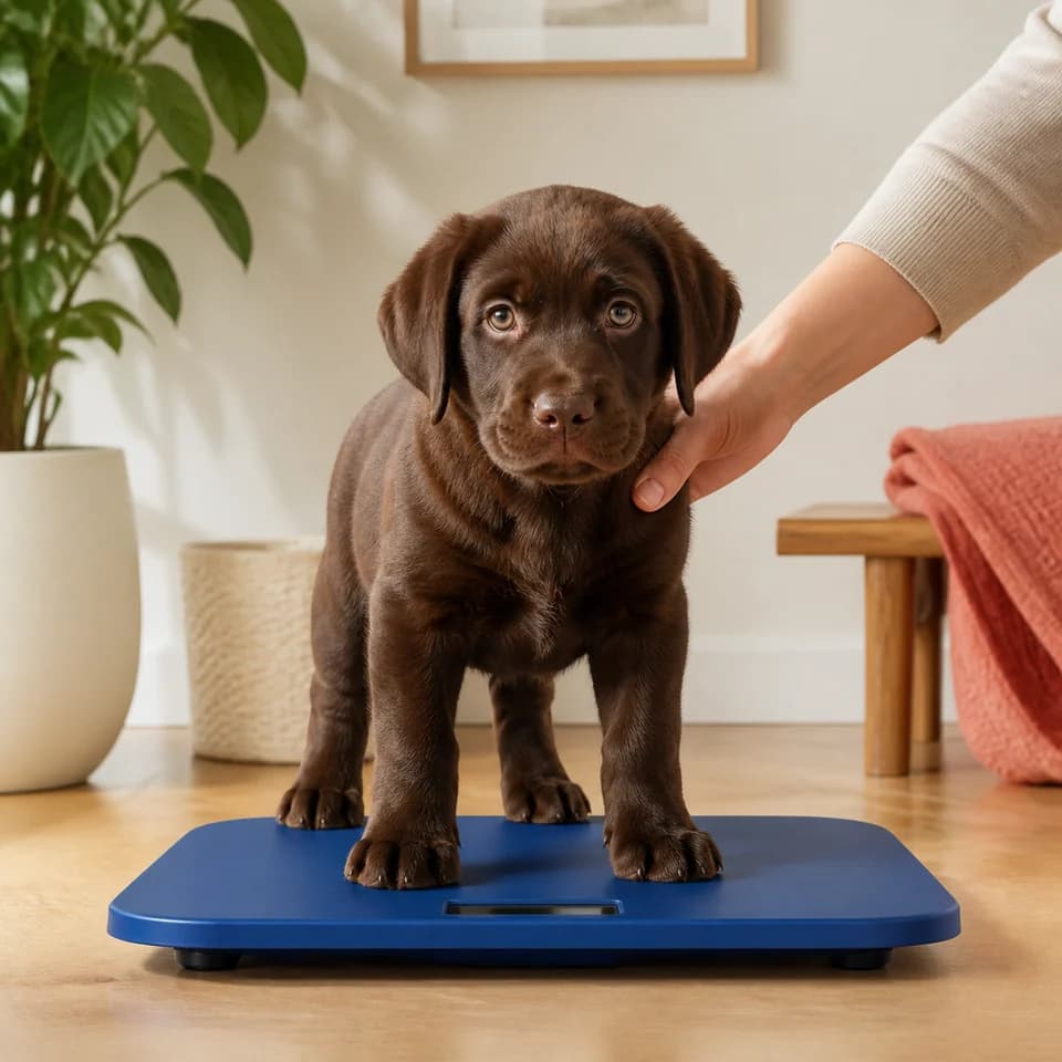 Chocolate Labrador puppy standing on a scale to track their growth