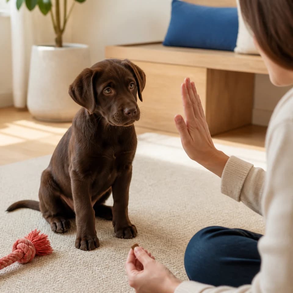 Chocolate Labrador puppy focused on a hand training cue