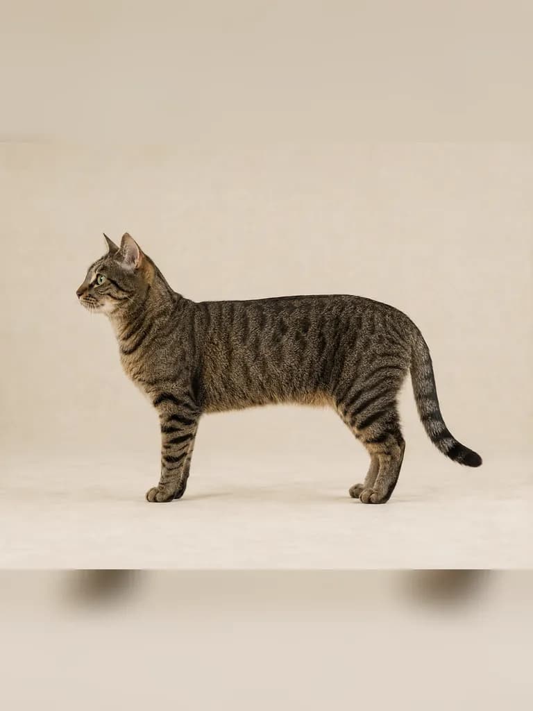 Tabby cat standing in profile for a body condition check
