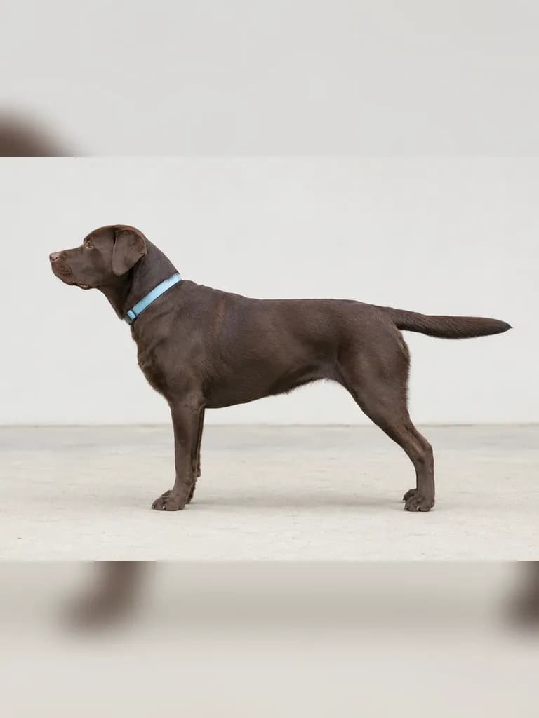 Chocolate dog standing in profile for a body condition assessment