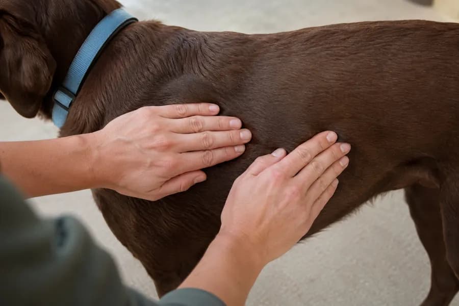 Hands feeling a dog's ribs to assess body condition